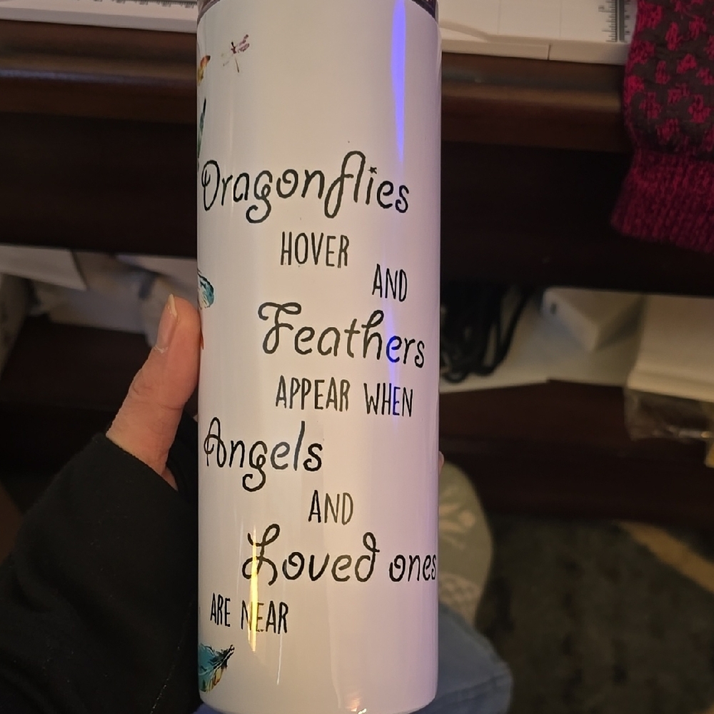 Inspirational White Tumbler with Dragonfly Design